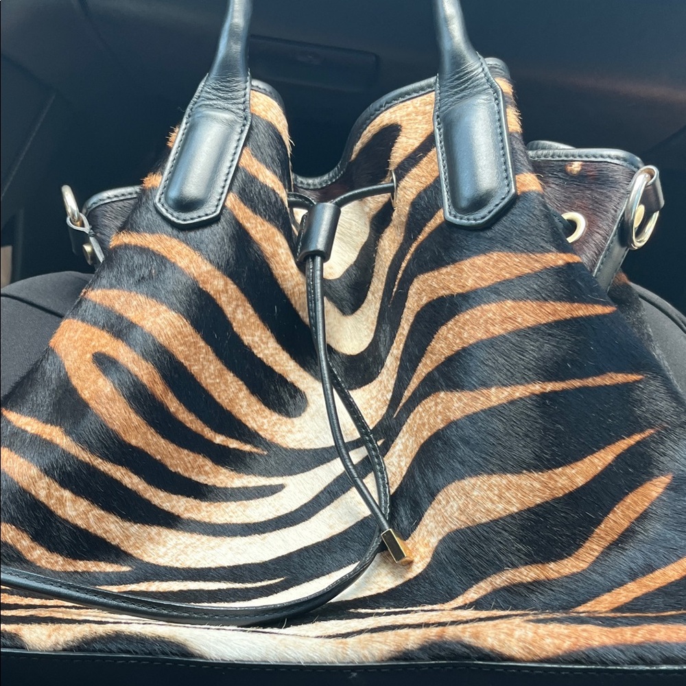 Zebra-Stripe Drawstring Tote in Black and Brown